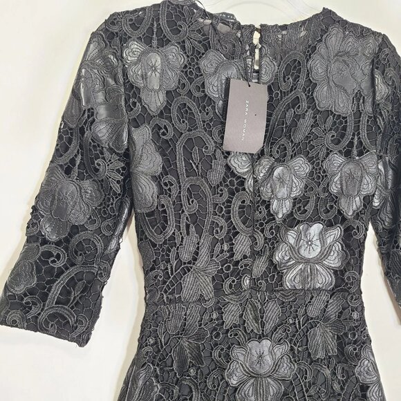 Zara Woman Small Black Floral Lace 3/4 Sleeve Mini Dress Lined - Picture 6 of 13